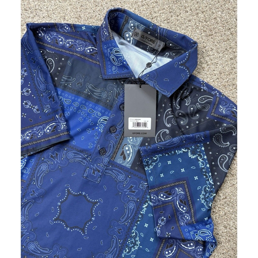 New‎ G FORE Mens Medium Tech Pique Blue Bandana Twilight Paisley Print Polo Golf